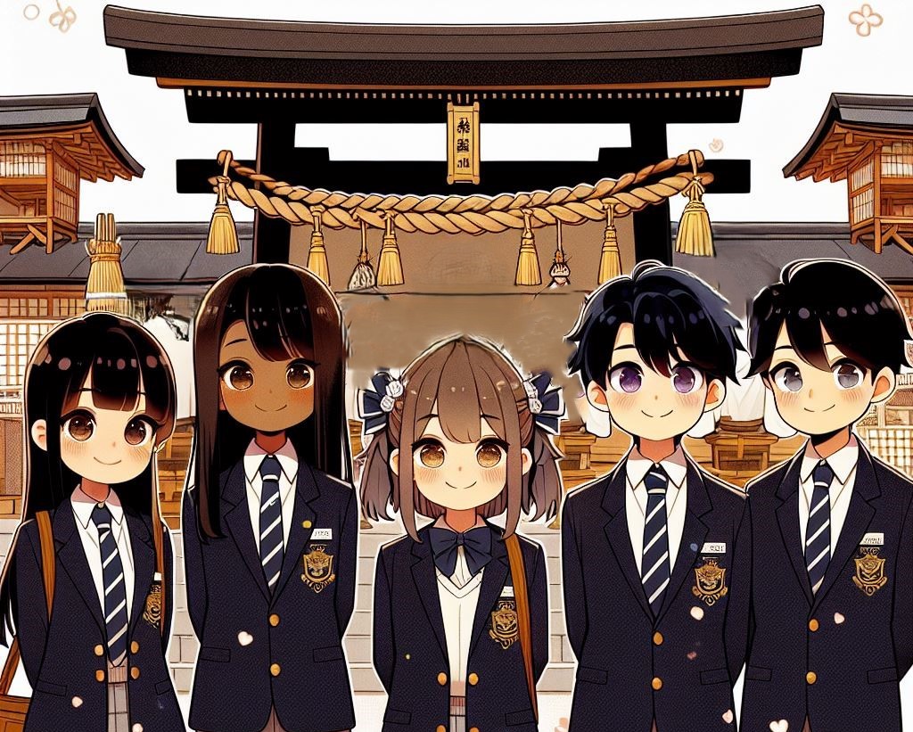A cute anime-style illustration depicting high school students at a Shinto shrine with a priest (宮司) (1)